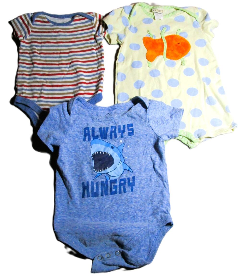 Baby Bodysuit Bundle Shark, Goldfish & Stripes Three Cotton One‑Pieces, Size 12M
